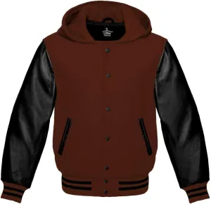 Varsity Hoodie Jacket for Baseball Letterman Bomber School of Premium Wool and Genuine Black Leather Sleeves