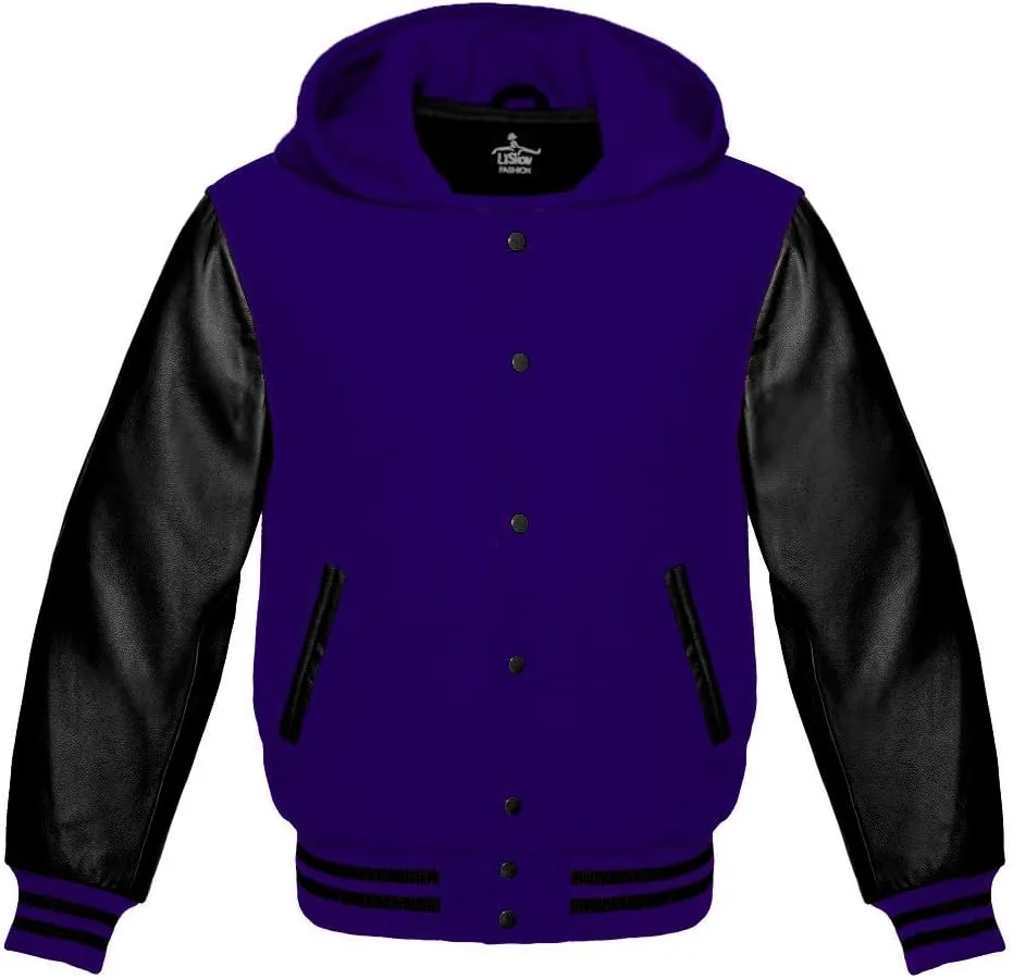 Varsity Hoodie Jacket for Baseball Letterman Bomber School of Premium Wool and Genuine Black Leather Sleeves