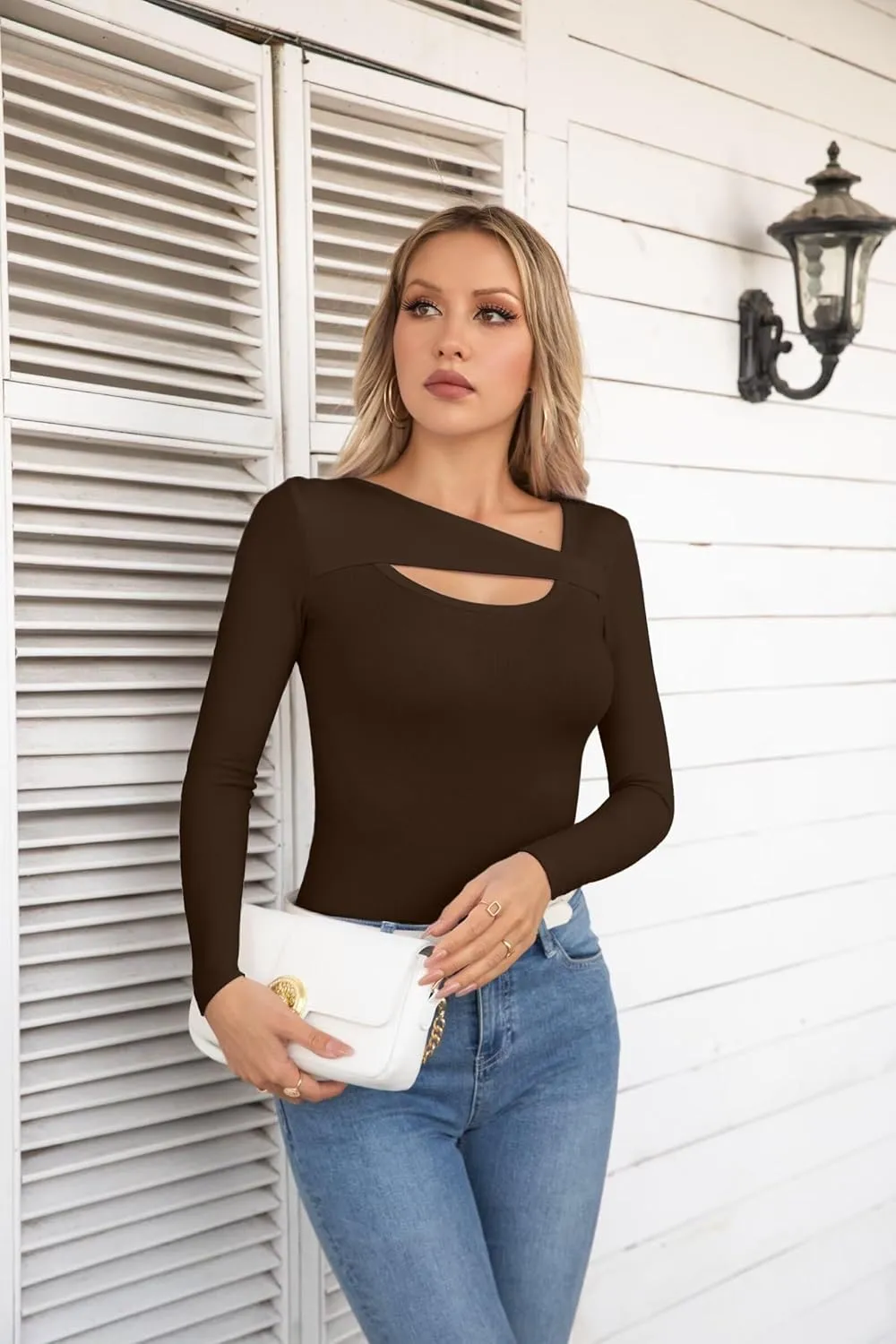 VICHYIE Womens Fashion Fall Clothes One Piece Cutout Tops Long Sleeve Ribbed Slim Fitted Shirts Tee Tshirts