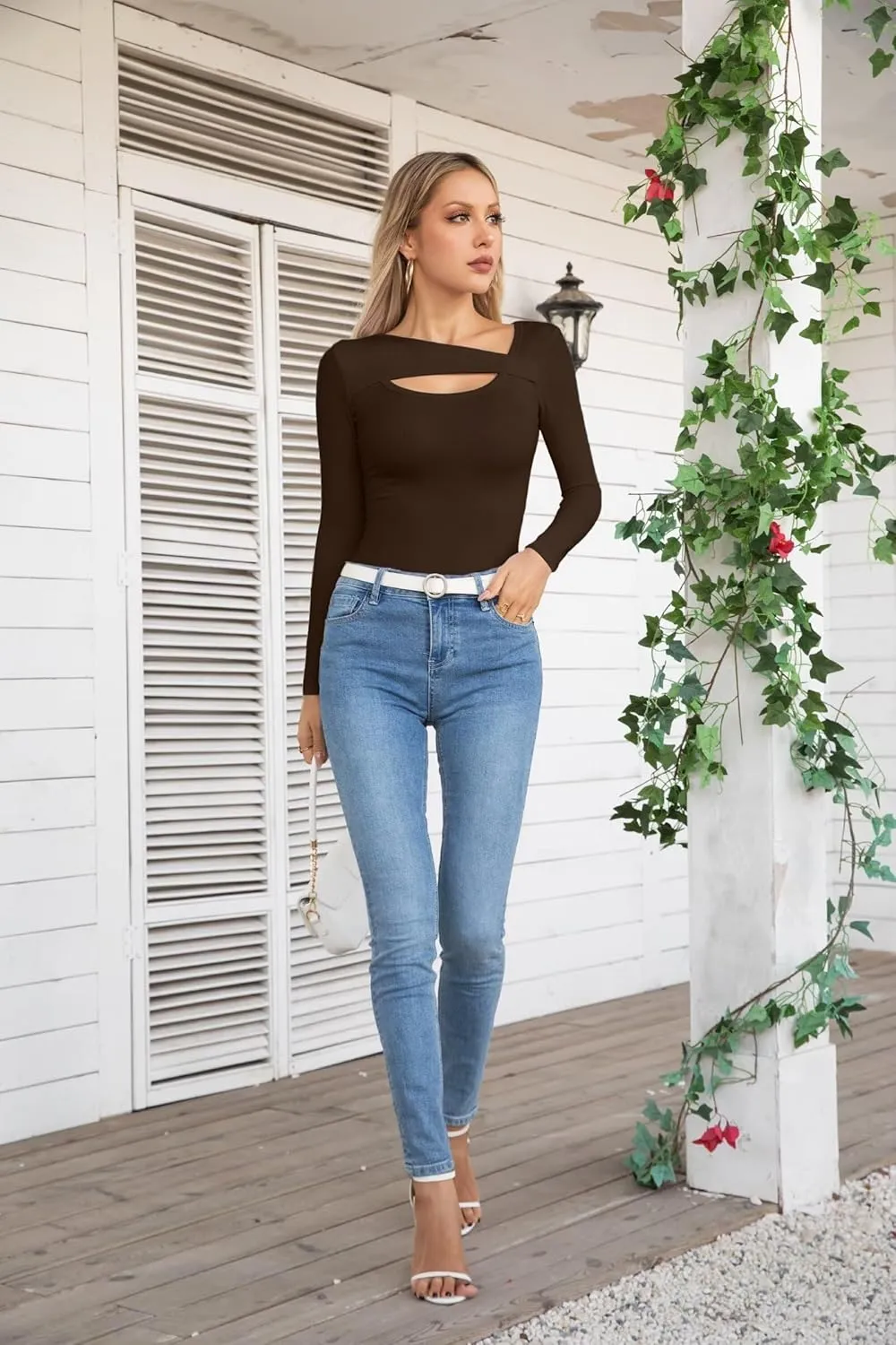 VICHYIE Womens Fashion Fall Clothes One Piece Cutout Tops Long Sleeve Ribbed Slim Fitted Shirts Tee Tshirts