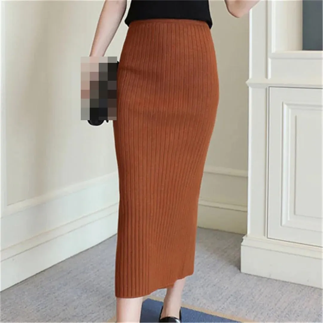 Vsadsau Women's Autumn Winter Knitted Wool Midi Skirt Autumn and Winter Belt Office Pencil Skirts
