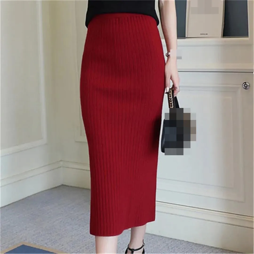 Vsadsau Women's Autumn Winter Knitted Wool Midi Skirt Autumn and Winter Belt Office Pencil Skirts