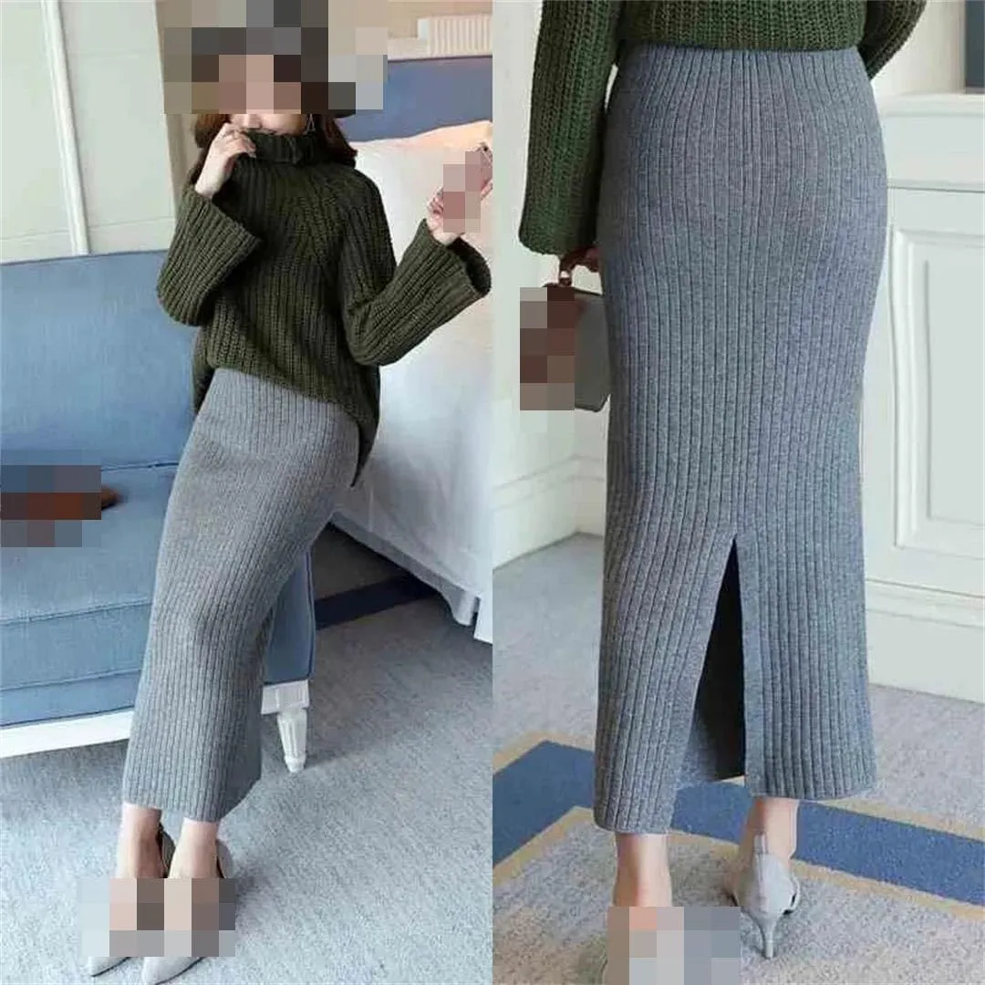 Vsadsau Women's Autumn Winter Knitted Wool Midi Skirt Autumn and Winter Belt Office Pencil Skirts