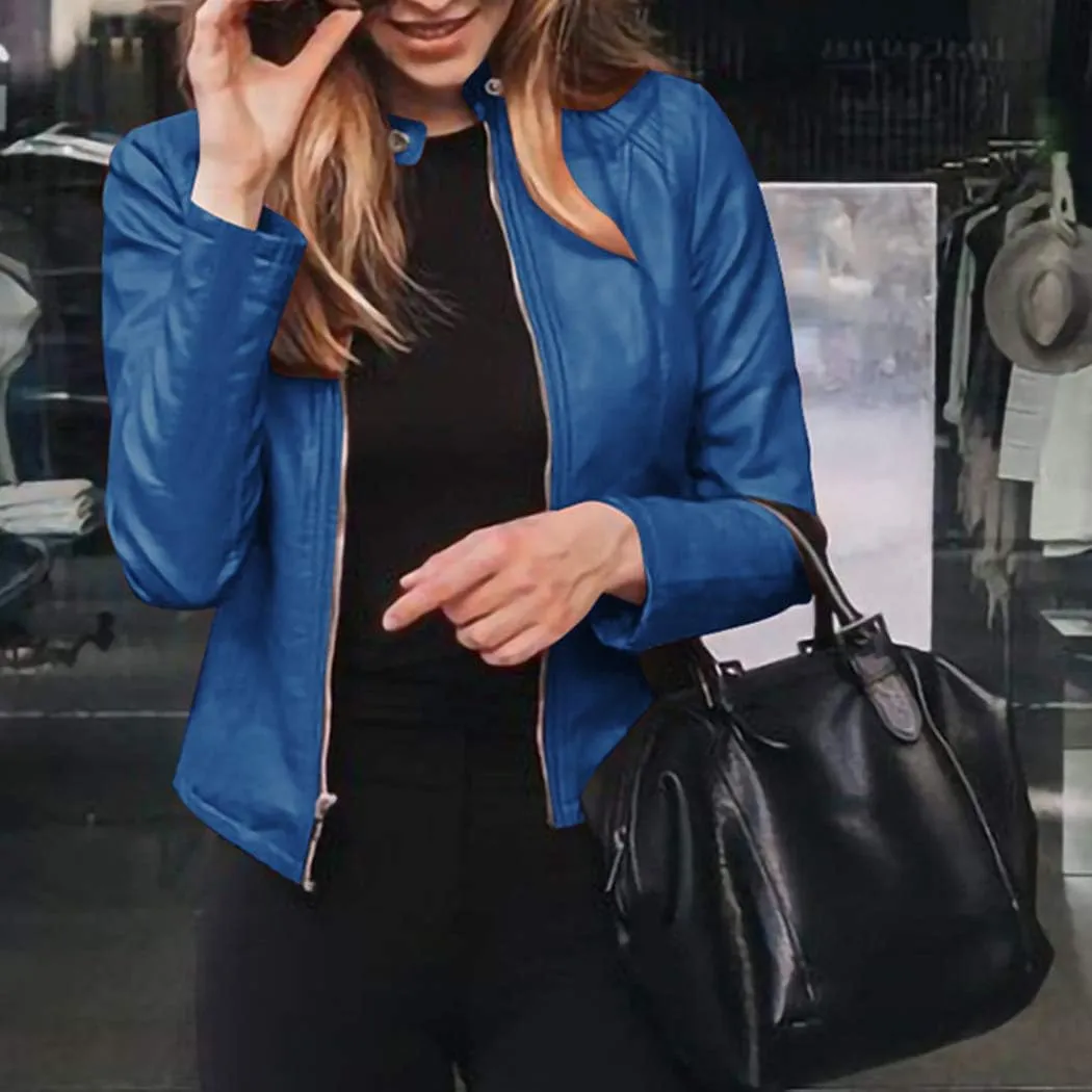 watersouprty Women's PU Leather Jacket Biker Jacket with Pockets Vintage Short Coat for Autumn Spring