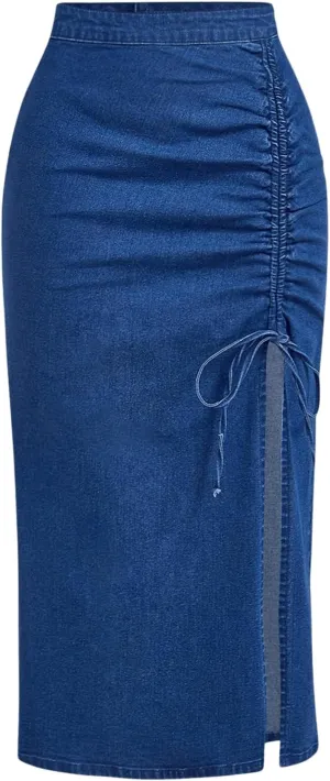 WDIRARA Women's High Waisted Drawstring Split Thigh Bodycon Midi Denim Skirt