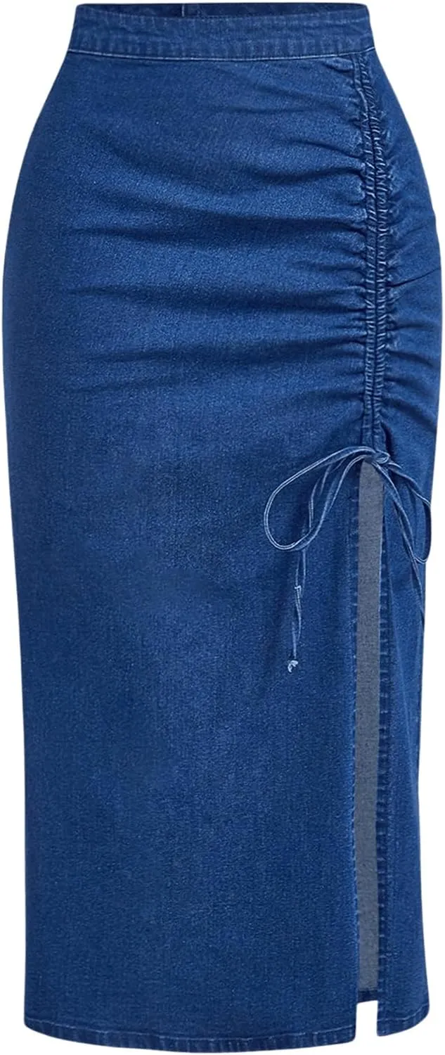 WDIRARA Women's High Waisted Drawstring Split Thigh Bodycon Midi Denim Skirt
