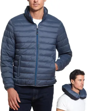 Weatherproof Men's Puffer Jacket, Lightweight Wind Resistant Alternative Down Jacket with Packable Travel Neck Pillow (S-3XL)