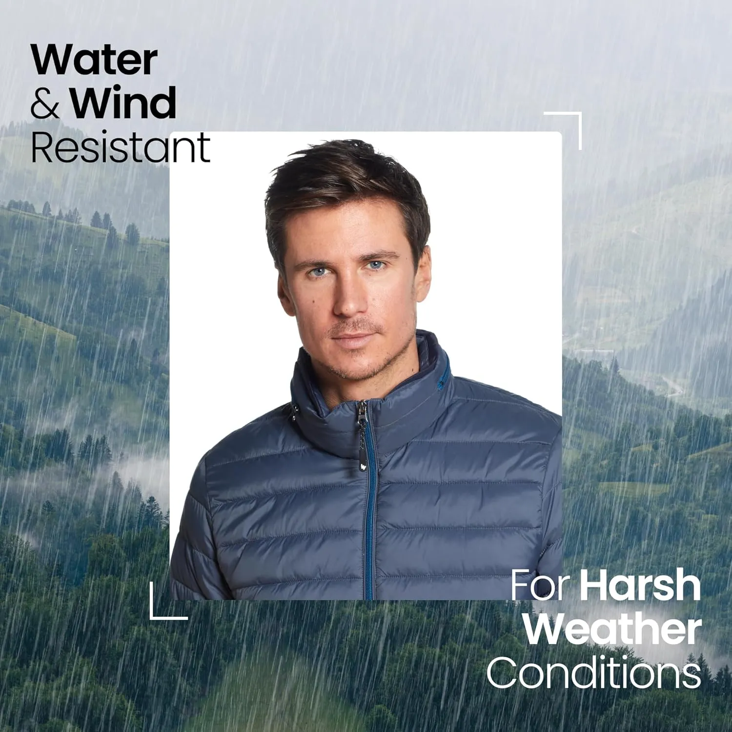 Weatherproof Men's Puffer Jacket, Lightweight Wind Resistant Alternative Down Jacket with Packable Travel Neck Pillow (S-3XL)