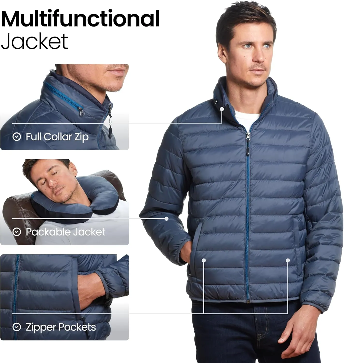 Weatherproof Men's Puffer Jacket, Lightweight Wind Resistant Alternative Down Jacket with Packable Travel Neck Pillow (S-3XL)