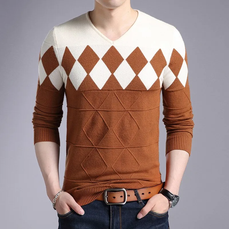West Louis Diamonds Pattern V-Neck Knitted Pullover