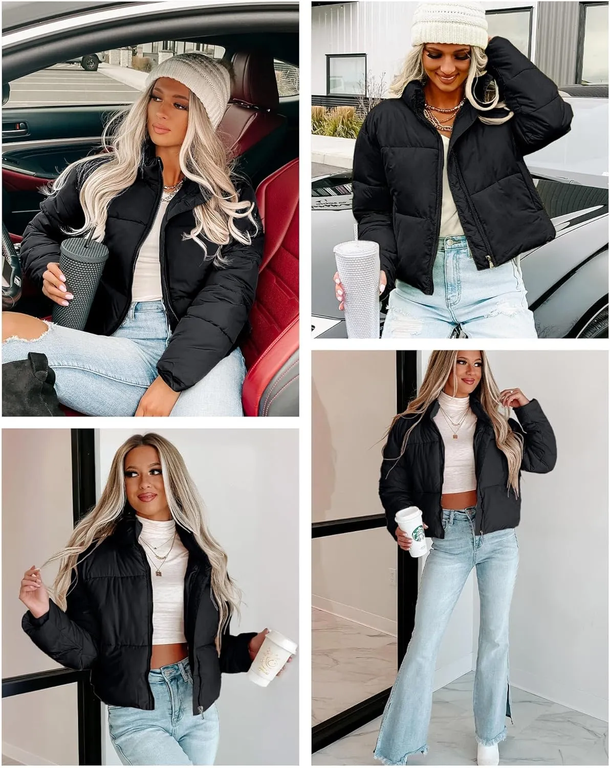 WHN Women' s Cropped Quilted Puffer Jacket Outerwear Coat Winter Warm Full Zipper Padded Jacket