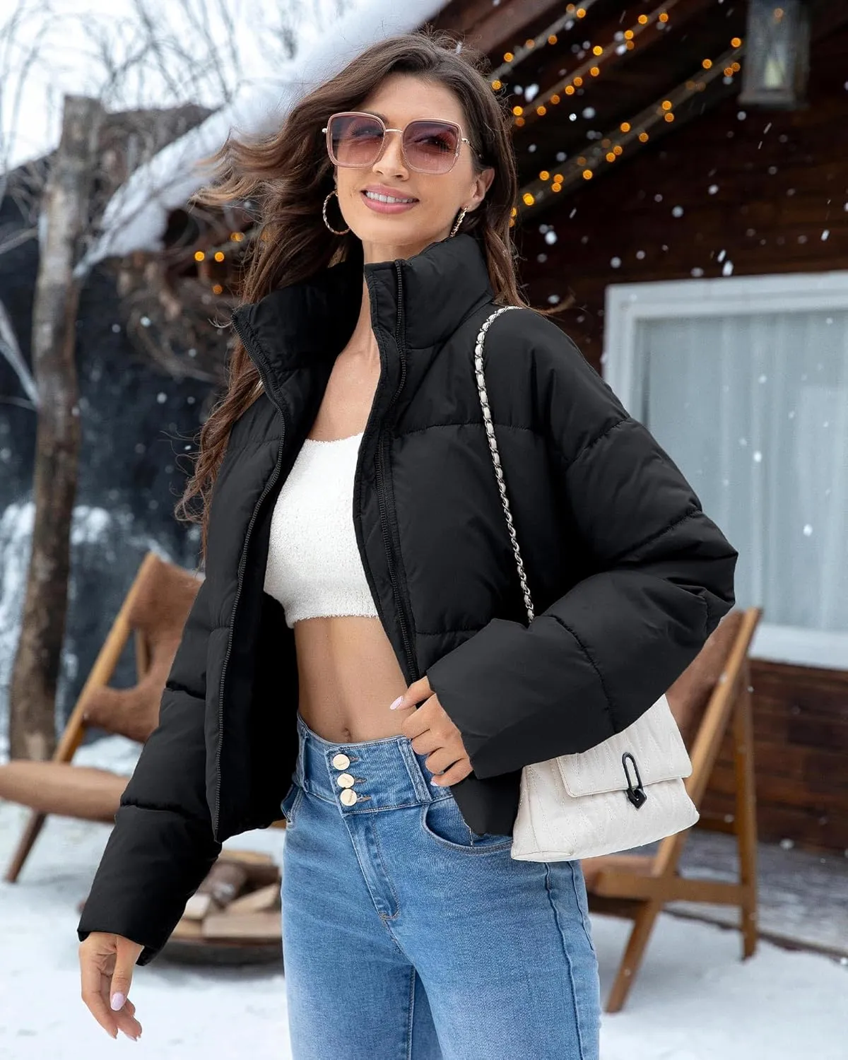 WHN Women' s Cropped Quilted Puffer Jacket Outerwear Coat Winter Warm Full Zipper Padded Jacket