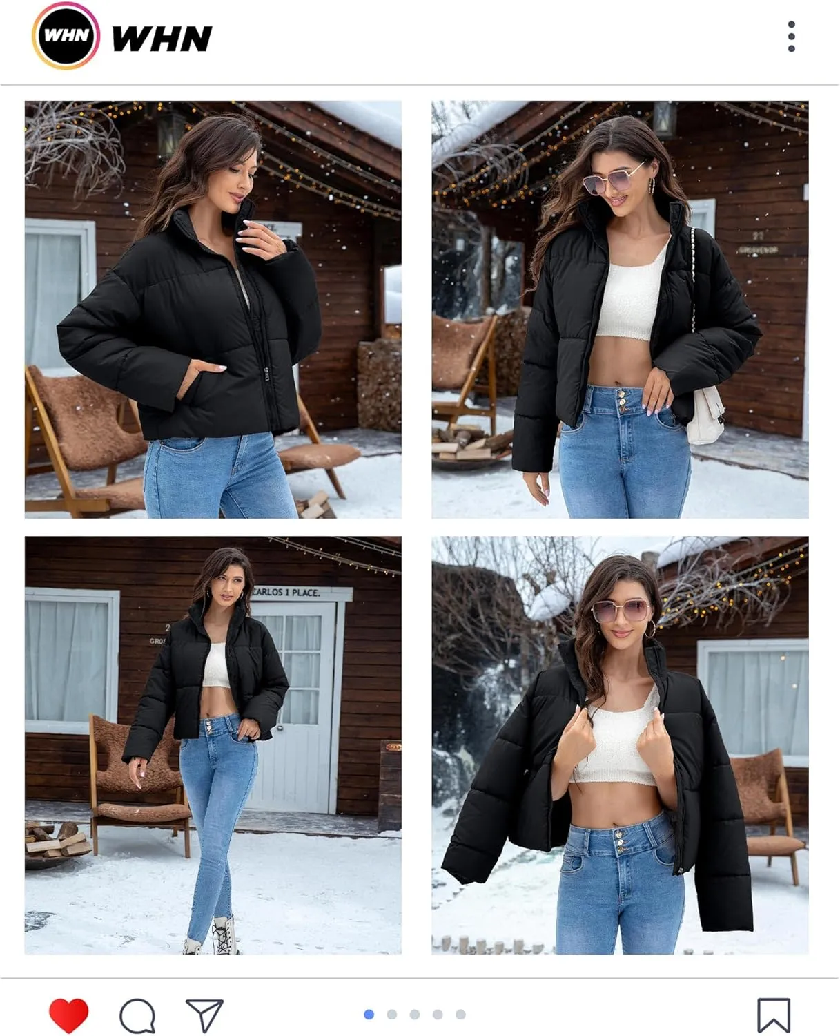 WHN Women' s Cropped Quilted Puffer Jacket Outerwear Coat Winter Warm Full Zipper Padded Jacket