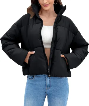 WHN Women' s Cropped Quilted Puffer Jacket Outerwear Coat Winter Warm Full Zipper Padded Jacket