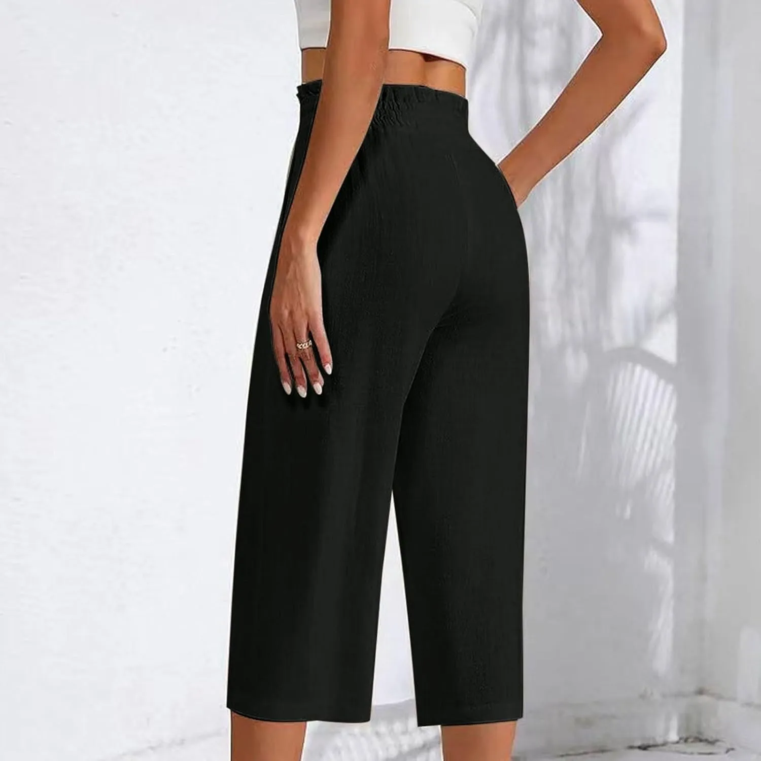 Women Cotton Linen Summer Boho Palazzo Pants Elastic Waist Bootcut Loose Fit Pant Trousers Business Work