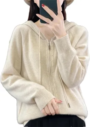 Women Hooded Zippered Cardigan Cashmere Sweater