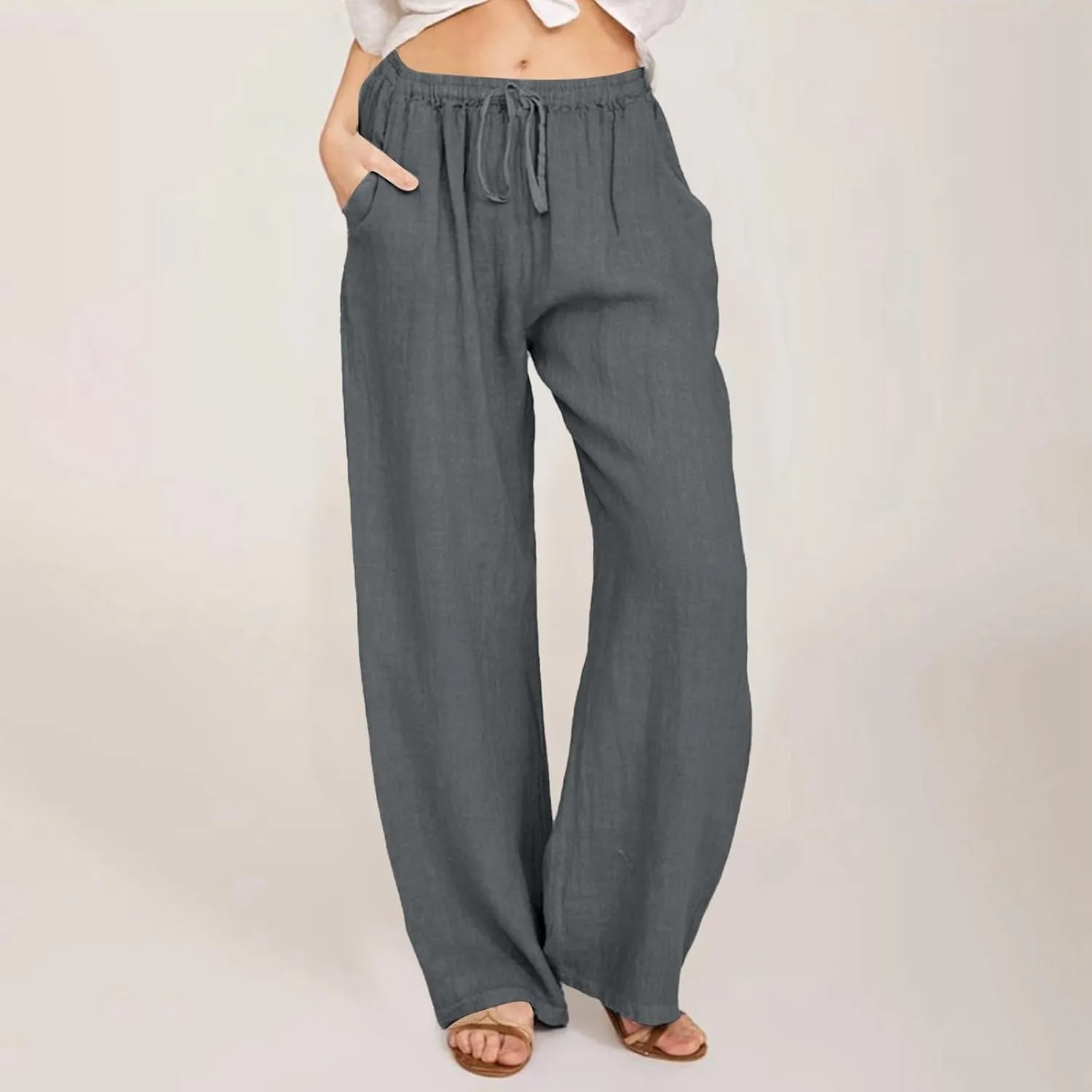 Women Linen Summer Baggy Palazzo Lounge Pants Low Waist Baggy Stretchy Plus Size Trousers Trendy