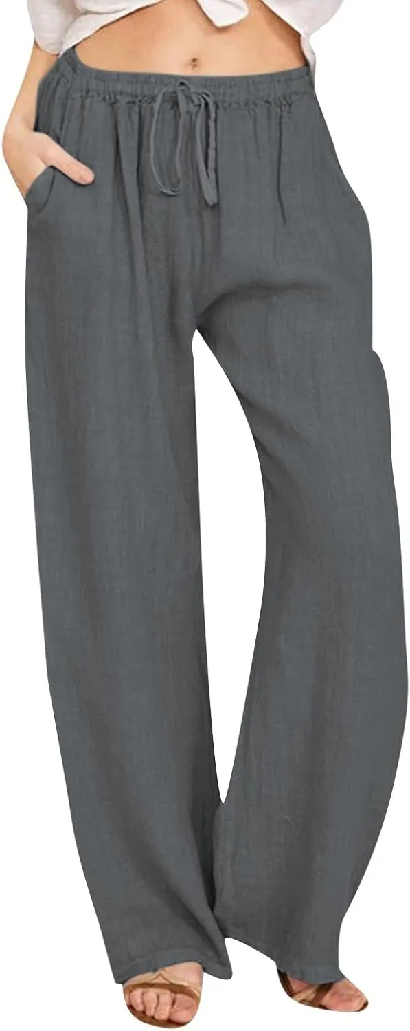 Women Linen Summer Baggy Palazzo Lounge Pants Low Waist Baggy Stretchy Plus Size Trousers Trendy
