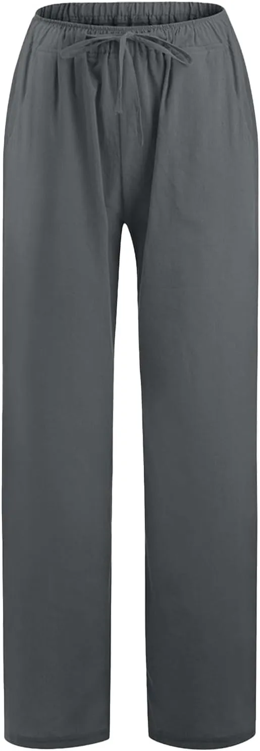 Women Linen Summer Baggy Palazzo Lounge Pants Low Waist Baggy Stretchy Plus Size Trousers Trendy