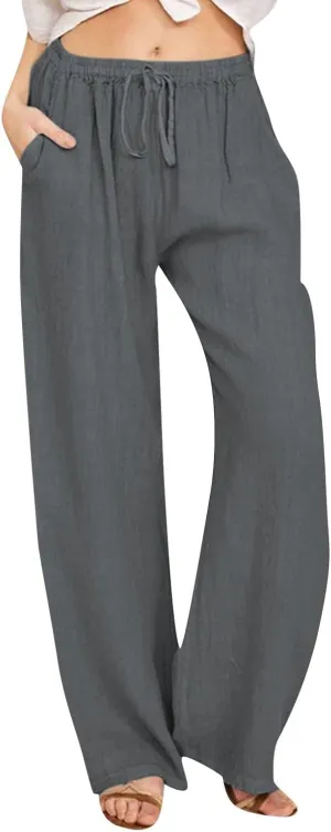 Women Linen Summer Baggy Palazzo Lounge Pants Low Waist Baggy Stretchy Plus Size Trousers Trendy
