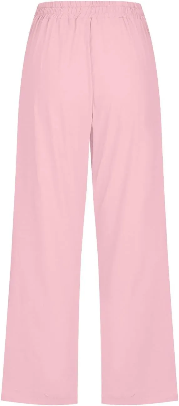 Women Plus Size Cotton Linen Capris Pants Drawstring Elastic High Waist Wide Leg Cropped Pants Lounge Trousers Slacks