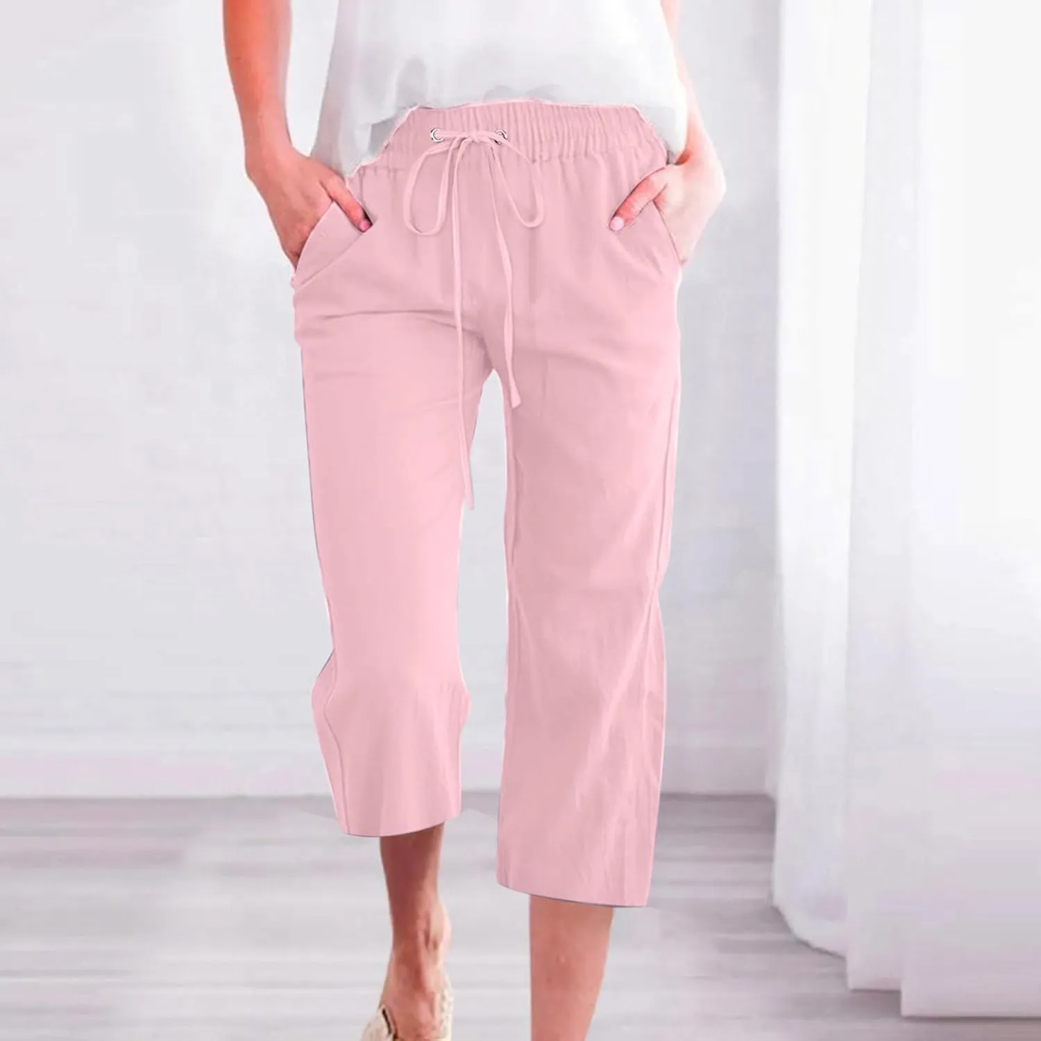 Women Plus Size Cotton Linen Capris Pants Drawstring Elastic High Waist Wide Leg Cropped Pants Lounge Trousers Slacks