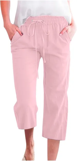 Women Plus Size Cotton Linen Capris Pants Drawstring Elastic High Waist Wide Leg Cropped Pants Lounge Trousers Slacks