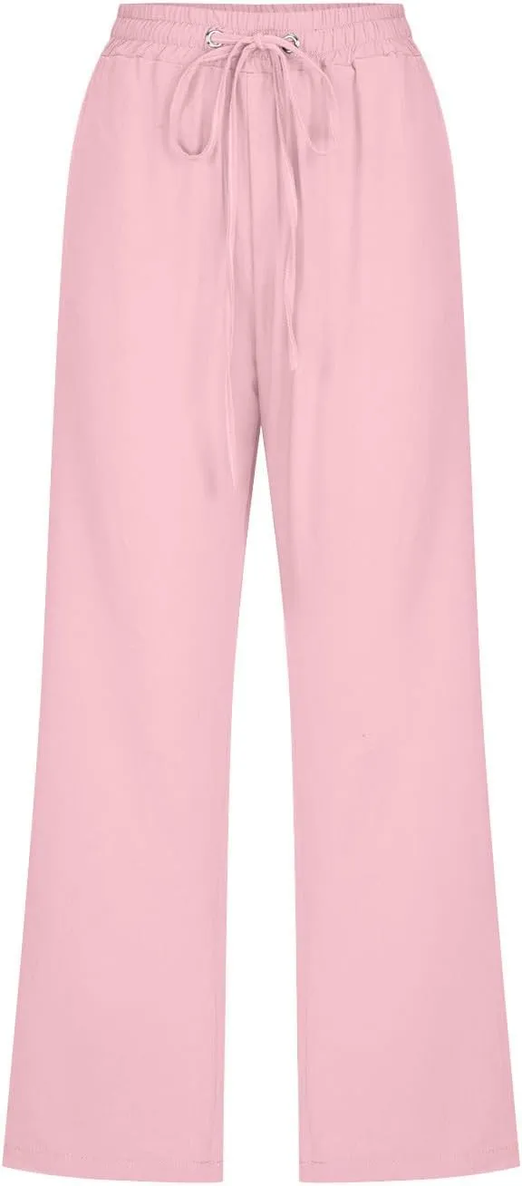 Women Plus Size Cotton Linen Capris Pants Drawstring Elastic High Waist Wide Leg Cropped Pants Lounge Trousers Slacks