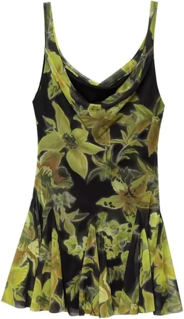 Women Printed Tulle Suspender Camisole Short A-line Casual Dress