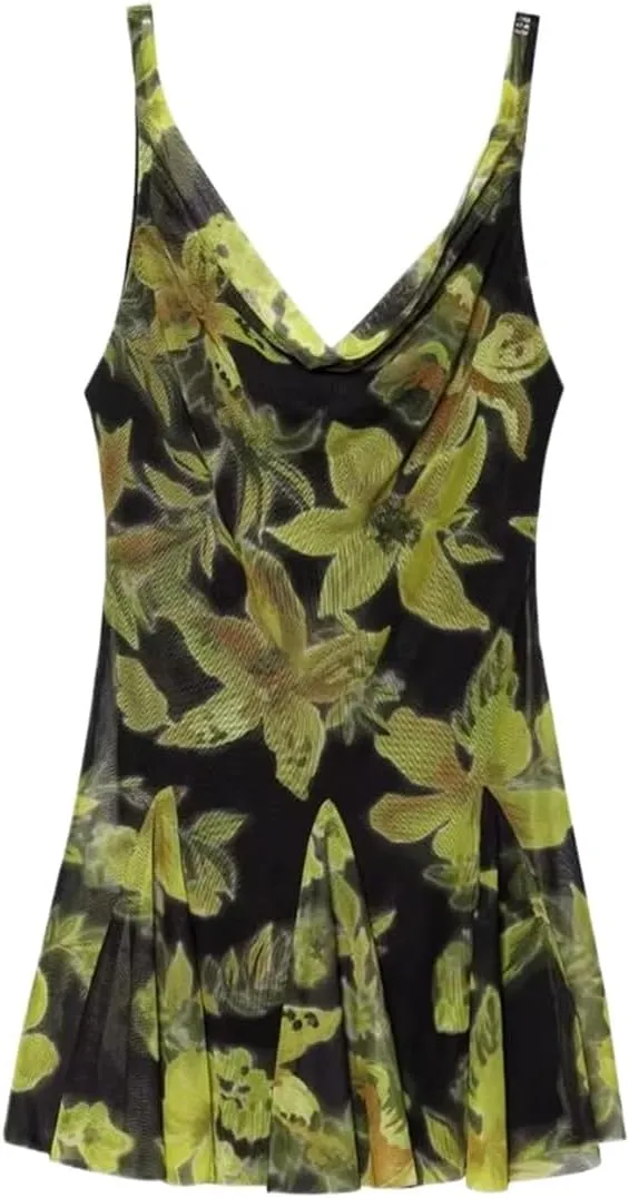 Women Printed Tulle Suspender Camisole Short A-line Casual Dress