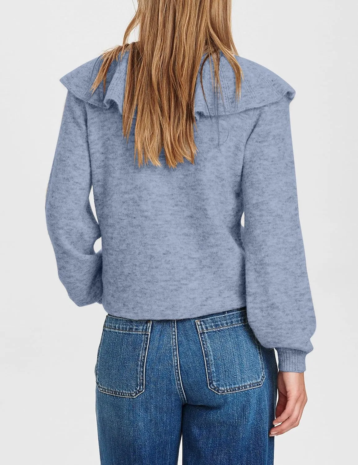 Women Ruffle Collar Button Down Cardigan Sweater Open Front Long Sleeve Knit Sweater Pullovers Top with Pockets