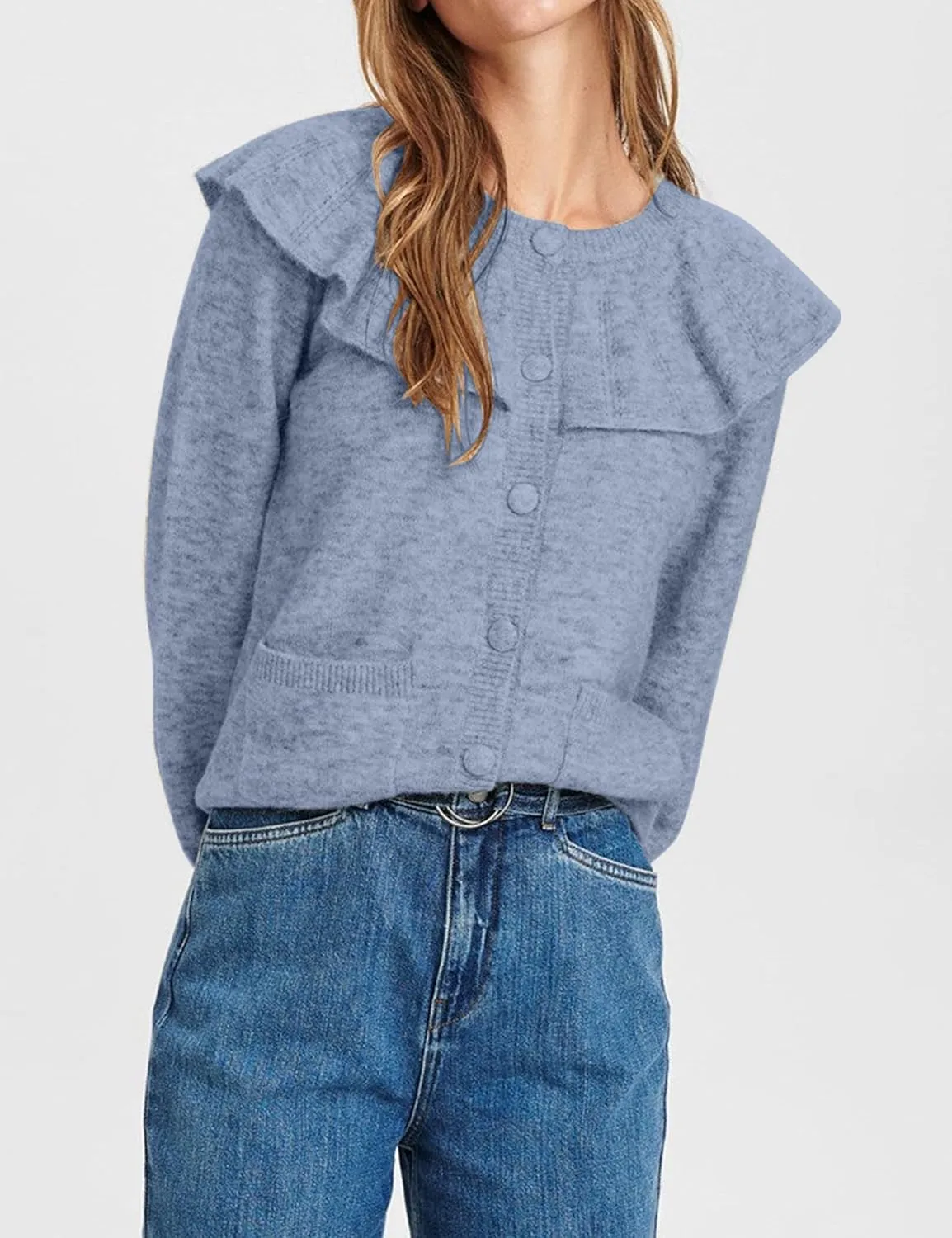 Women Ruffle Collar Button Down Cardigan Sweater Open Front Long Sleeve Knit Sweater Pullovers Top with Pockets