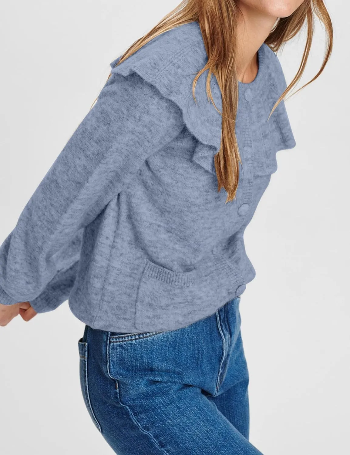 Women Ruffle Collar Button Down Cardigan Sweater Open Front Long Sleeve Knit Sweater Pullovers Top with Pockets