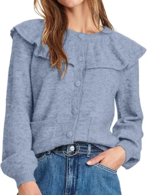 Women Ruffle Collar Button Down Cardigan Sweater Open Front Long Sleeve Knit Sweater Pullovers Top with Pockets