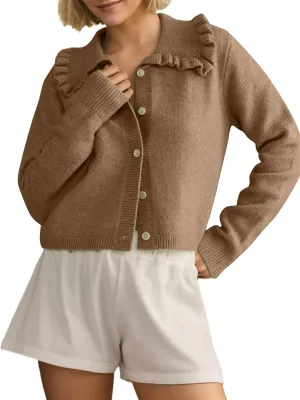 Women Ruffle Collar Button Down Cropped Cardigan Long Sleeve Open Front Knit Sweaters Peplum Sweater Crop Jacket Tops