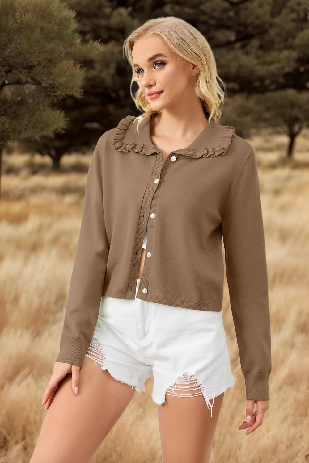 Women Ruffle Collar Button Down Cropped Cardigan Long Sleeve Open Front Knit Sweaters Peplum Sweater Crop Jacket Tops