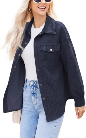 Women Shacket Jacket with Pockets Casual Fall Coat Long Sleeve Shirts Button Down Collared Winnter Clothes