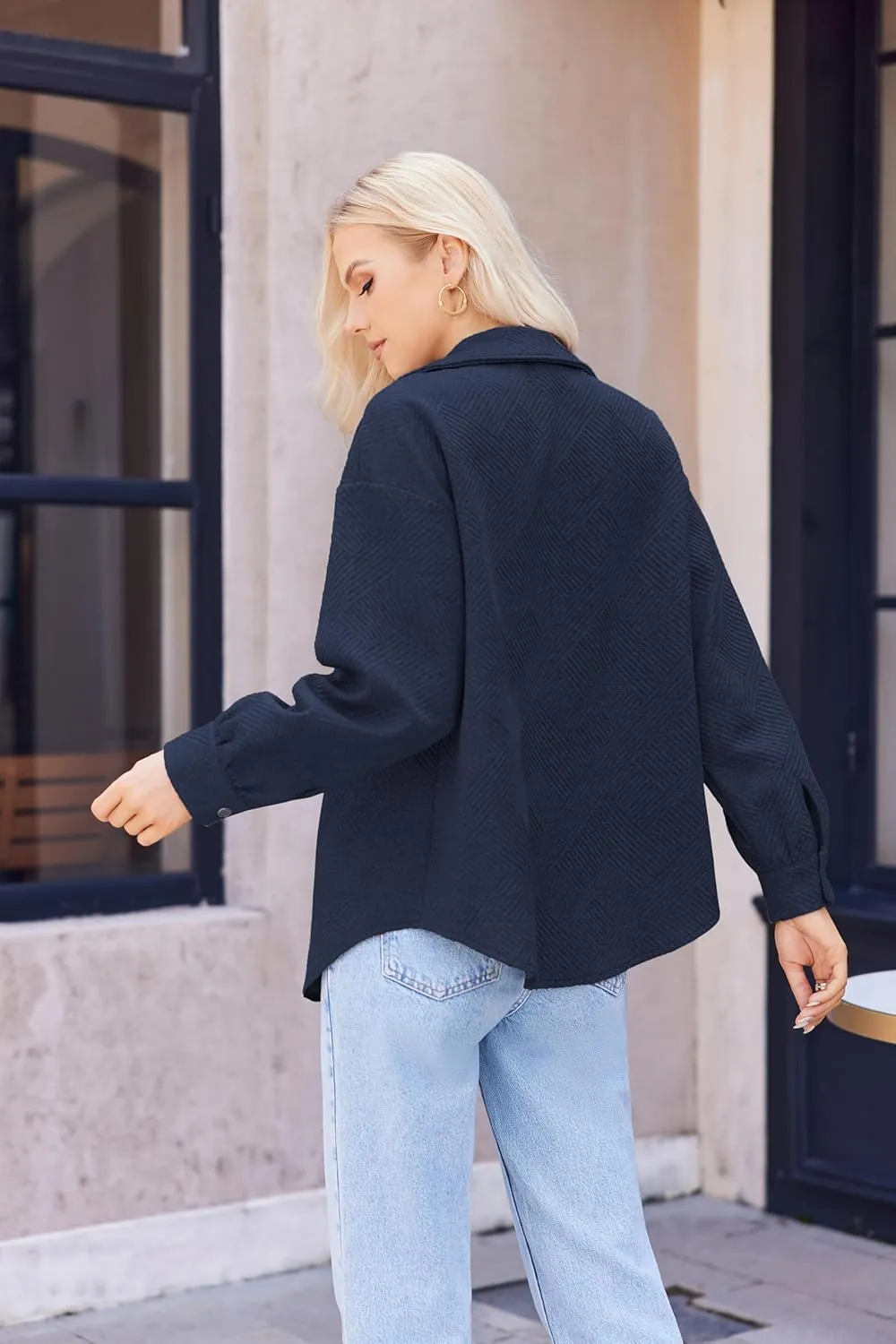 Women Shacket Jacket with Pockets Casual Fall Coat Long Sleeve Shirts Button Down Collared Winnter Clothes