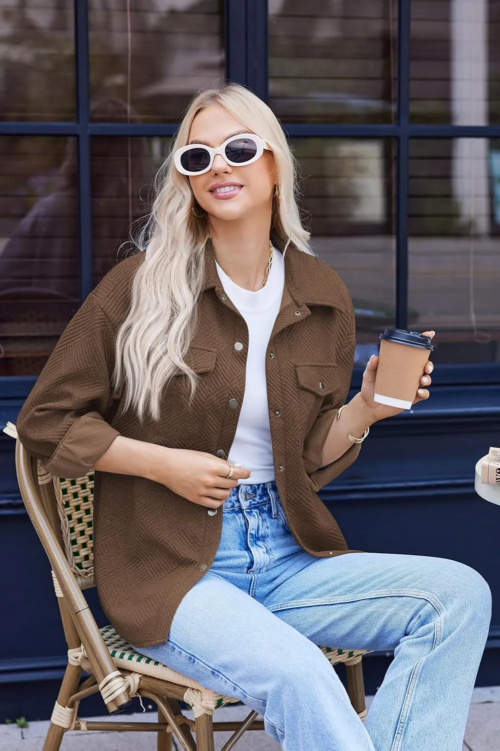 Women Shacket Jacket with Pockets Casual Fall Coat Long Sleeve Shirts Button Down Collared Winnter Clothes