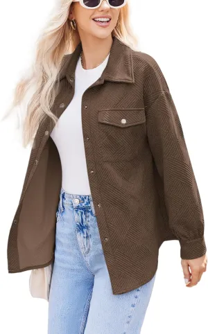 Women Shacket Jacket with Pockets Casual Fall Coat Long Sleeve Shirts Button Down Collared Winnter Clothes