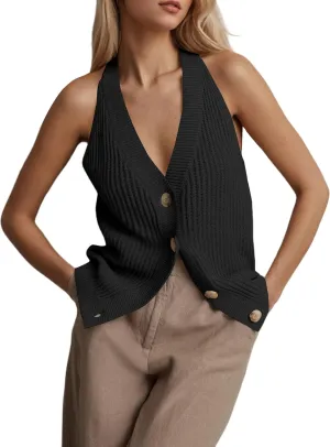 Women Sweater Vest Tops Button Down V Neck Sleeveless Knit Tank Top Loose Fit Knit Cardigan Vest Solid Summer Shirts