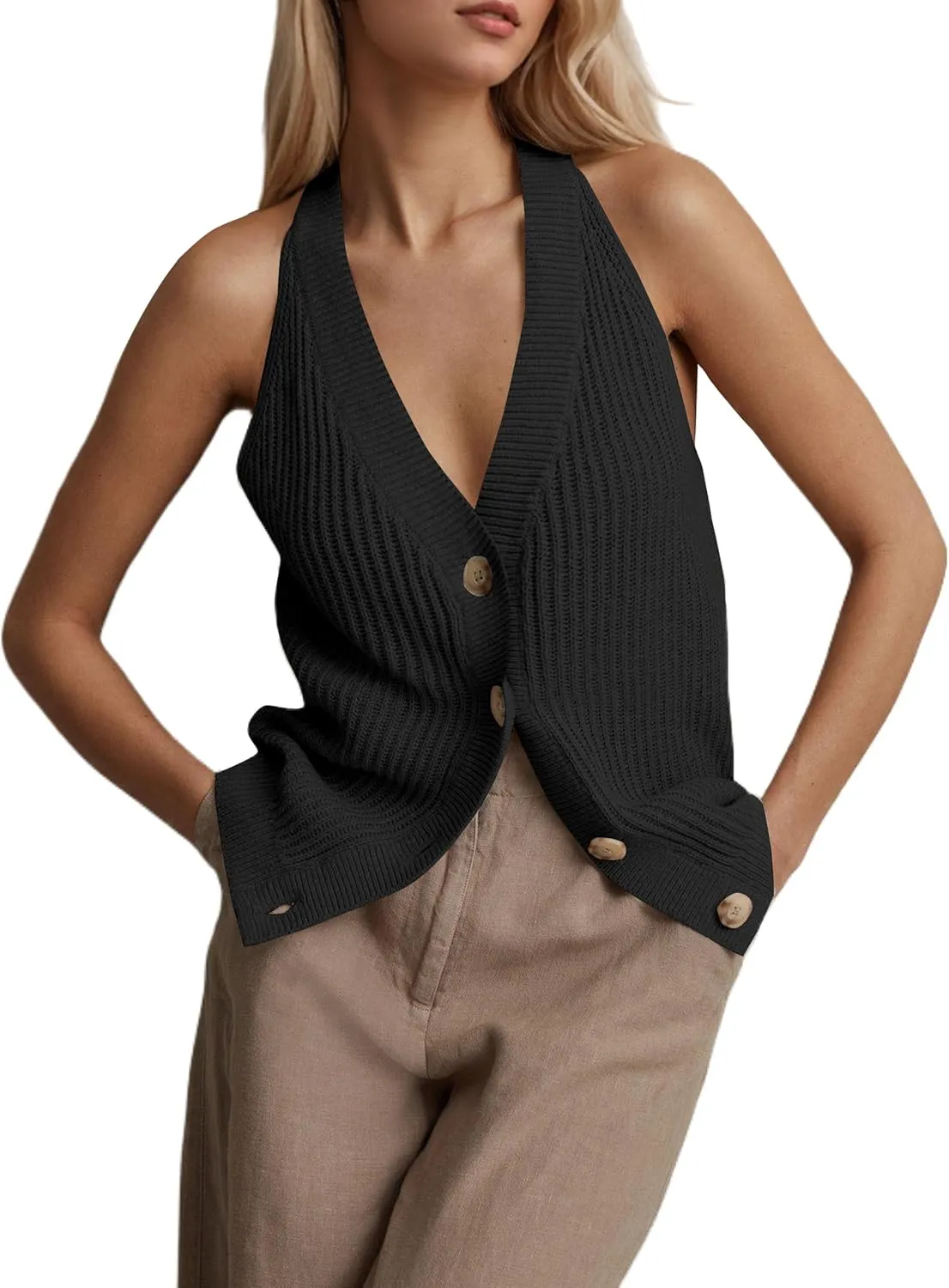 Women Sweater Vest Tops Button Down V Neck Sleeveless Knit Tank Top Loose Fit Knit Cardigan Vest Solid Summer Shirts