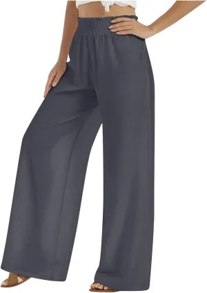 Women Wide Leg Cotton and Linen Pants Dressy High Waisted Palazzo Pants Joggers Drawstring Trouser with Pocket