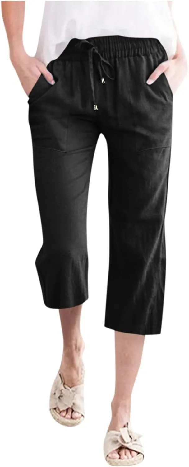 Women Wide Leg Cotton and Linen Pants Dressy High Waisted Palazzo Pants Joggers Drawstring Trouser with Pocket