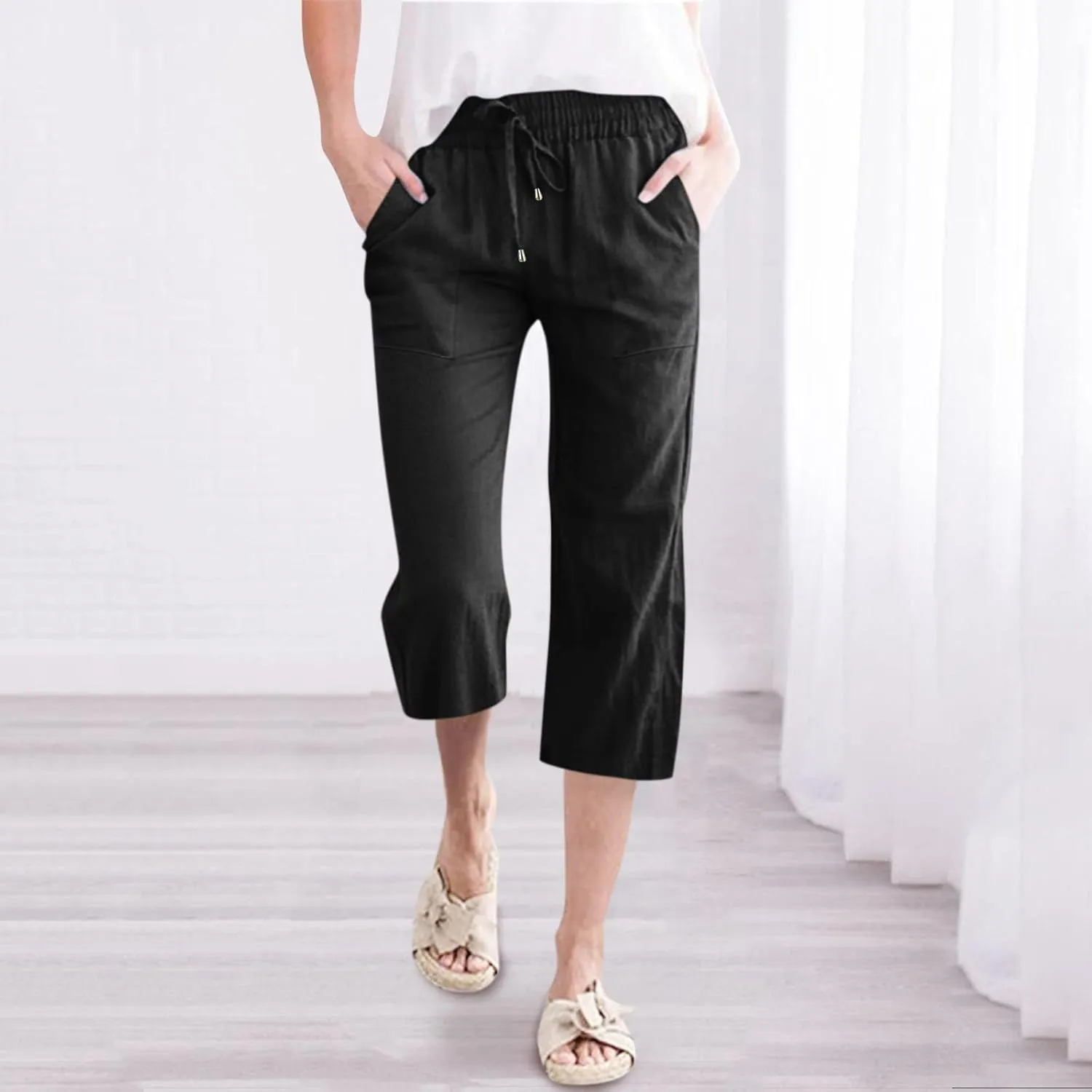 Women Wide Leg Cotton and Linen Pants Dressy High Waisted Palazzo Pants Joggers Drawstring Trouser with Pocket