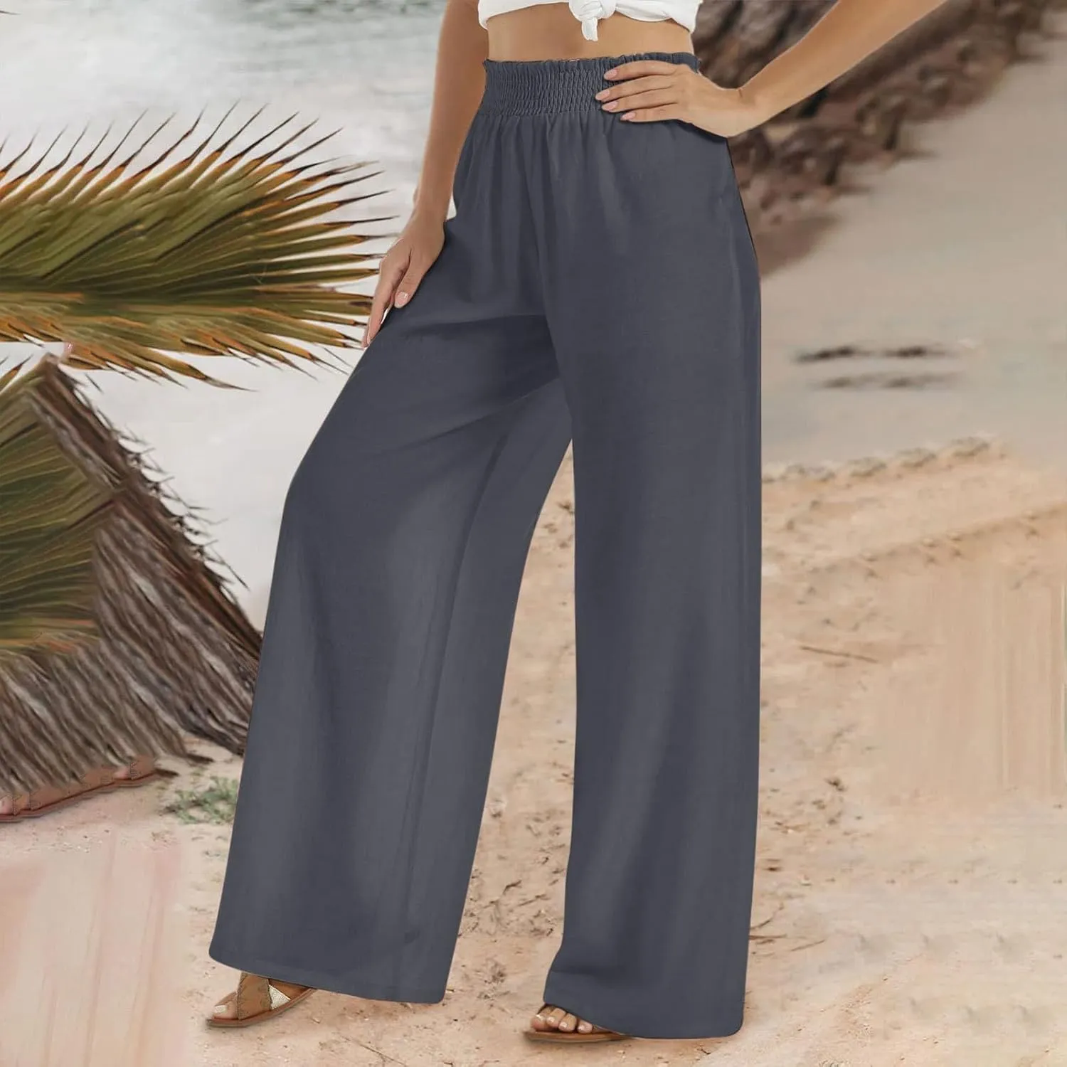 Women Wide Leg Cotton and Linen Pants Dressy High Waisted Palazzo Pants Joggers Drawstring Trouser with Pocket