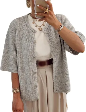 Women Y2K Crop Cardigan Sweater Crewneck Short Sleeve Button Down Knit Crop Top Teen Girls Aesthetic Cute Cardigan