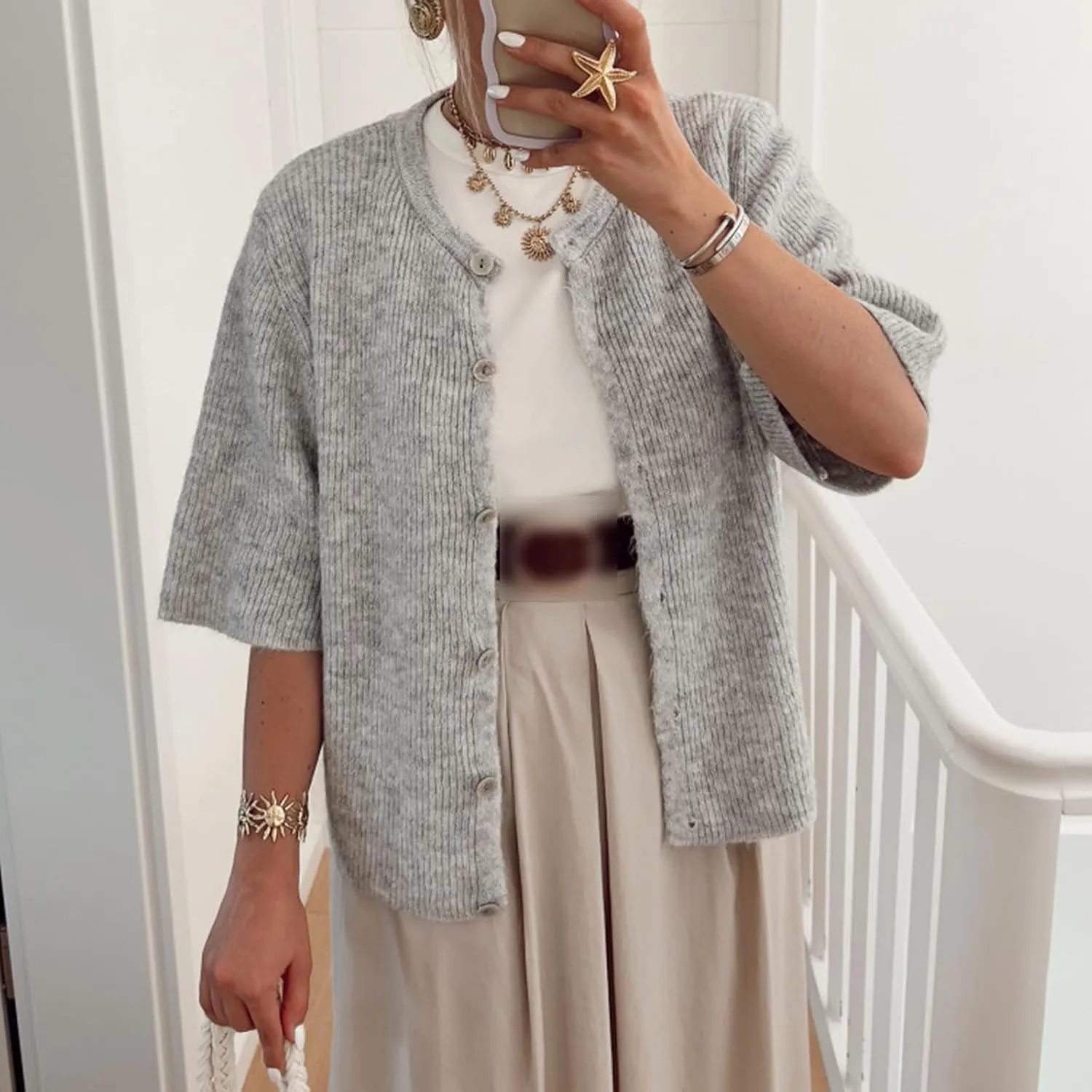 Women Y2K Crop Cardigan Sweater Crewneck Short Sleeve Button Down Knit Crop Top Teen Girls Aesthetic Cute Cardigan