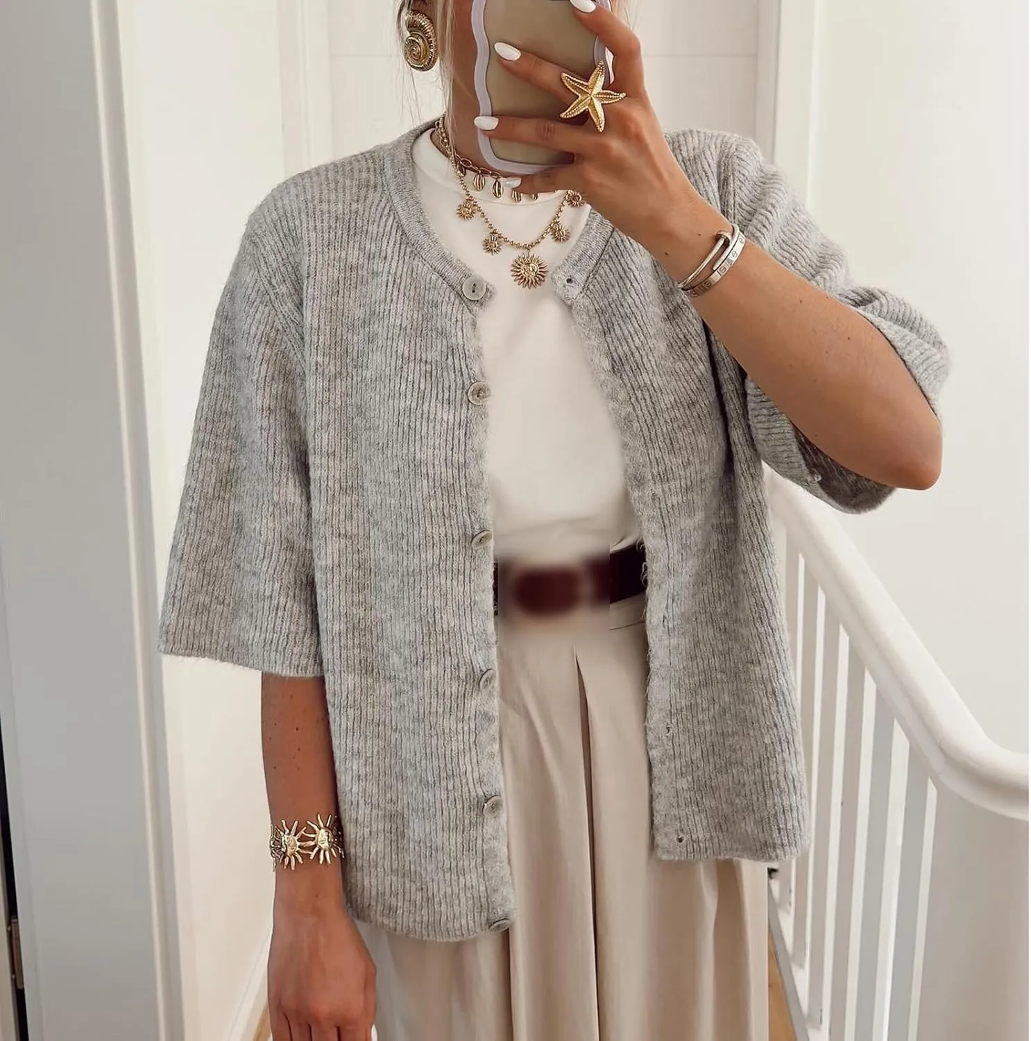 Women Y2K Crop Cardigan Sweater Crewneck Short Sleeve Button Down Knit Crop Top Teen Girls Aesthetic Cute Cardigan