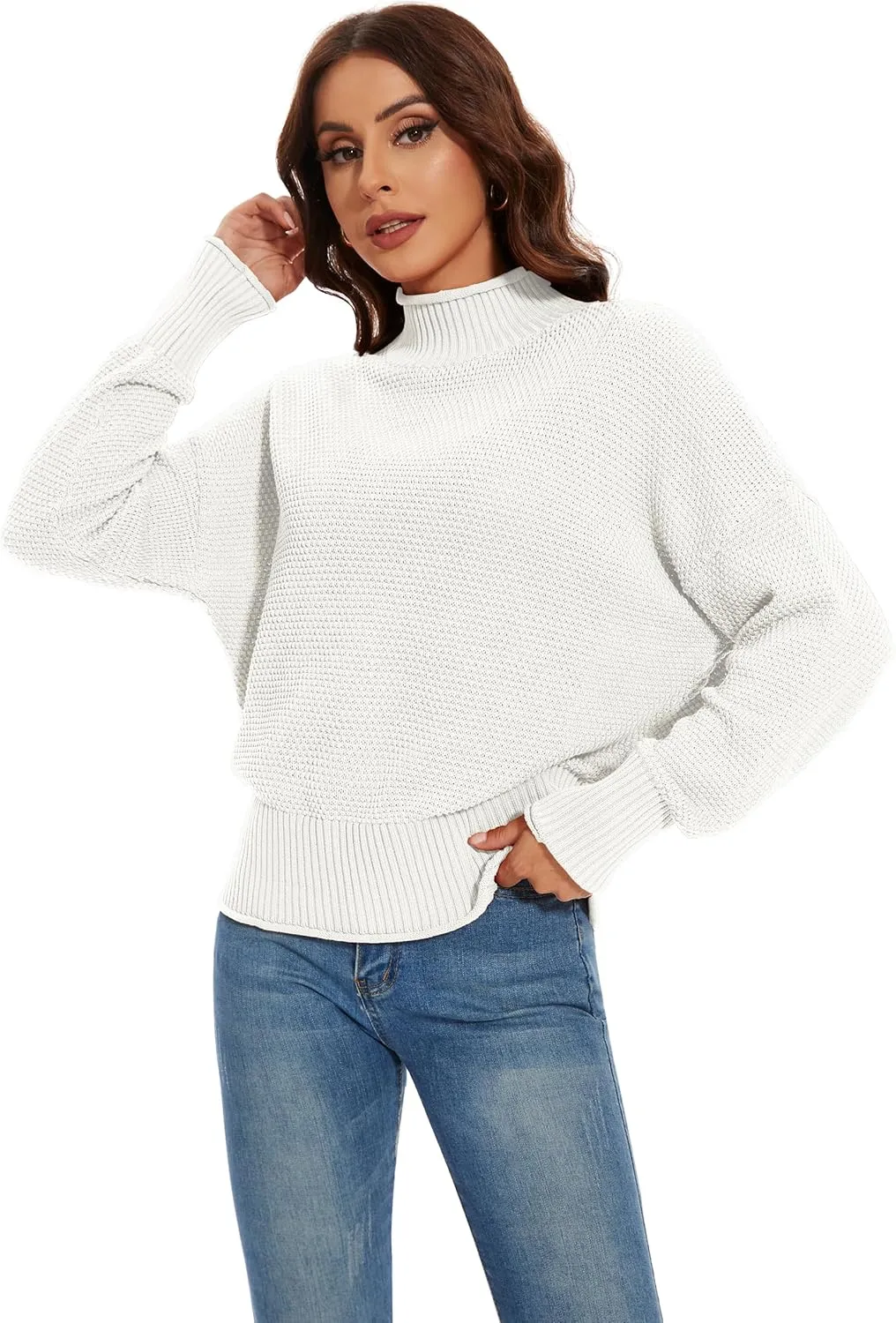 Women's 100% Cotton Turtleneck Oversized Sweaters 2024 Loose Long Sleeve Pullover Batwing Knit Jumper